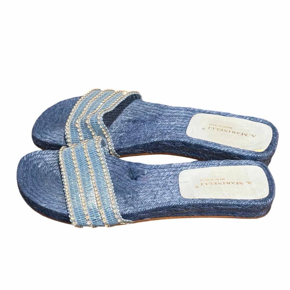 A. Marinelli size 8.5 blue woven raffia espadrille slide sandals